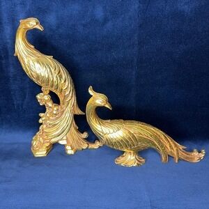 Mid-Century Modern Syroco Molded Gold Peacock Pair Sculptures